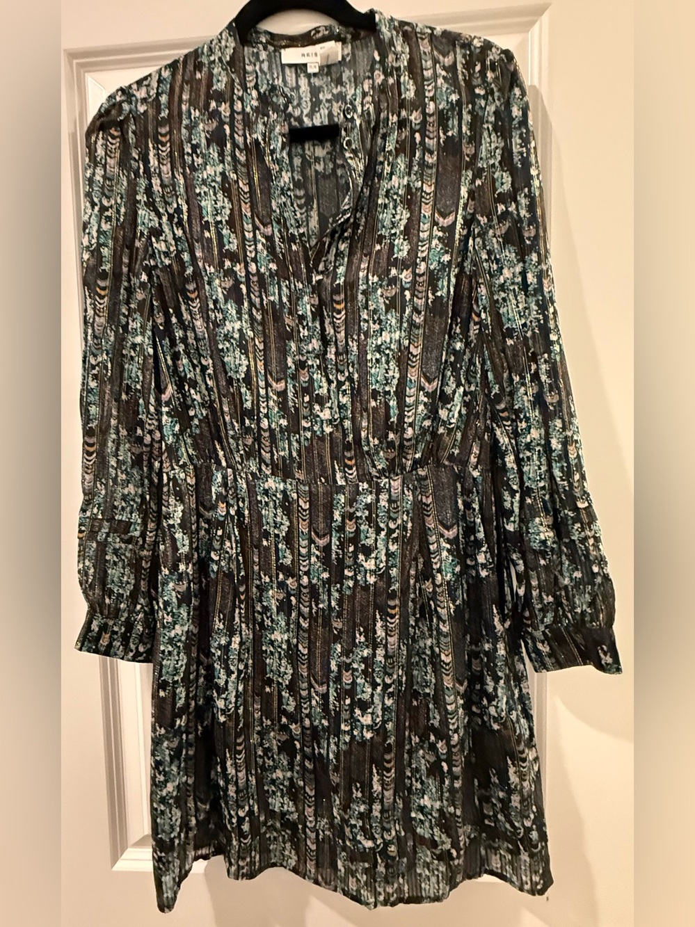 REISS Miriam Printed Black & Teal Floral Long Sleeve Shiftdress Size 6